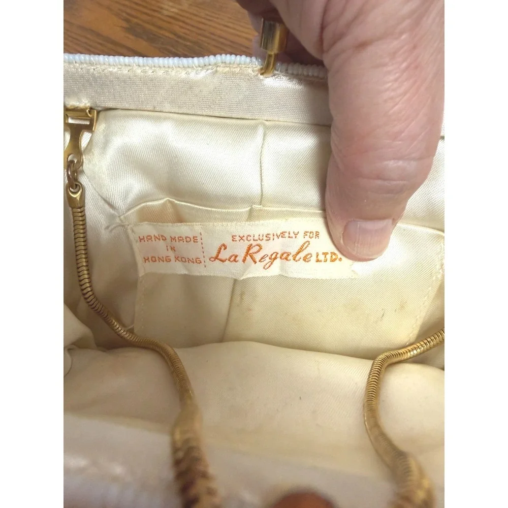 Vintage La Regale Beaded Chevron Evening Bag Cream Gold Chain Clutch Hong Kong